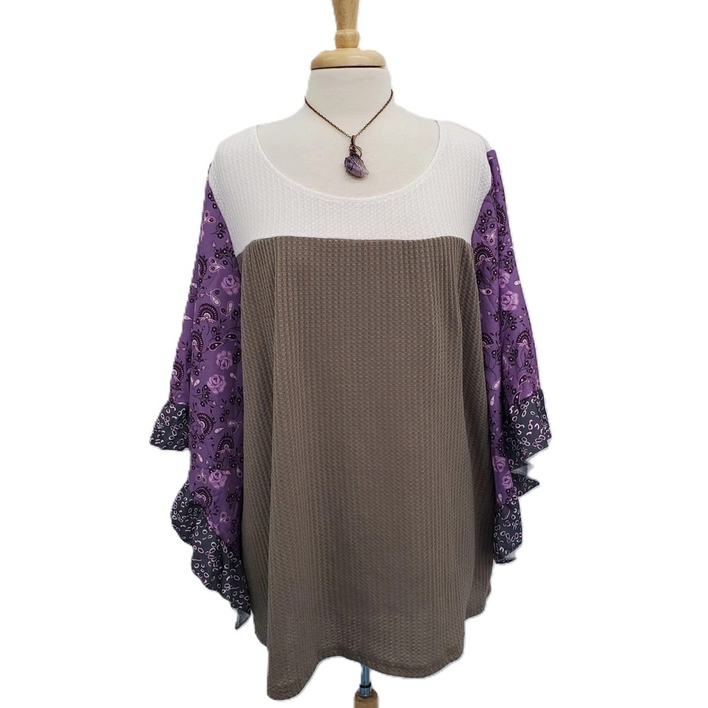 Womens 3XL Brown Waffle Knit Top Purple‎ Paisley Sleeve Boho Layering Blouse